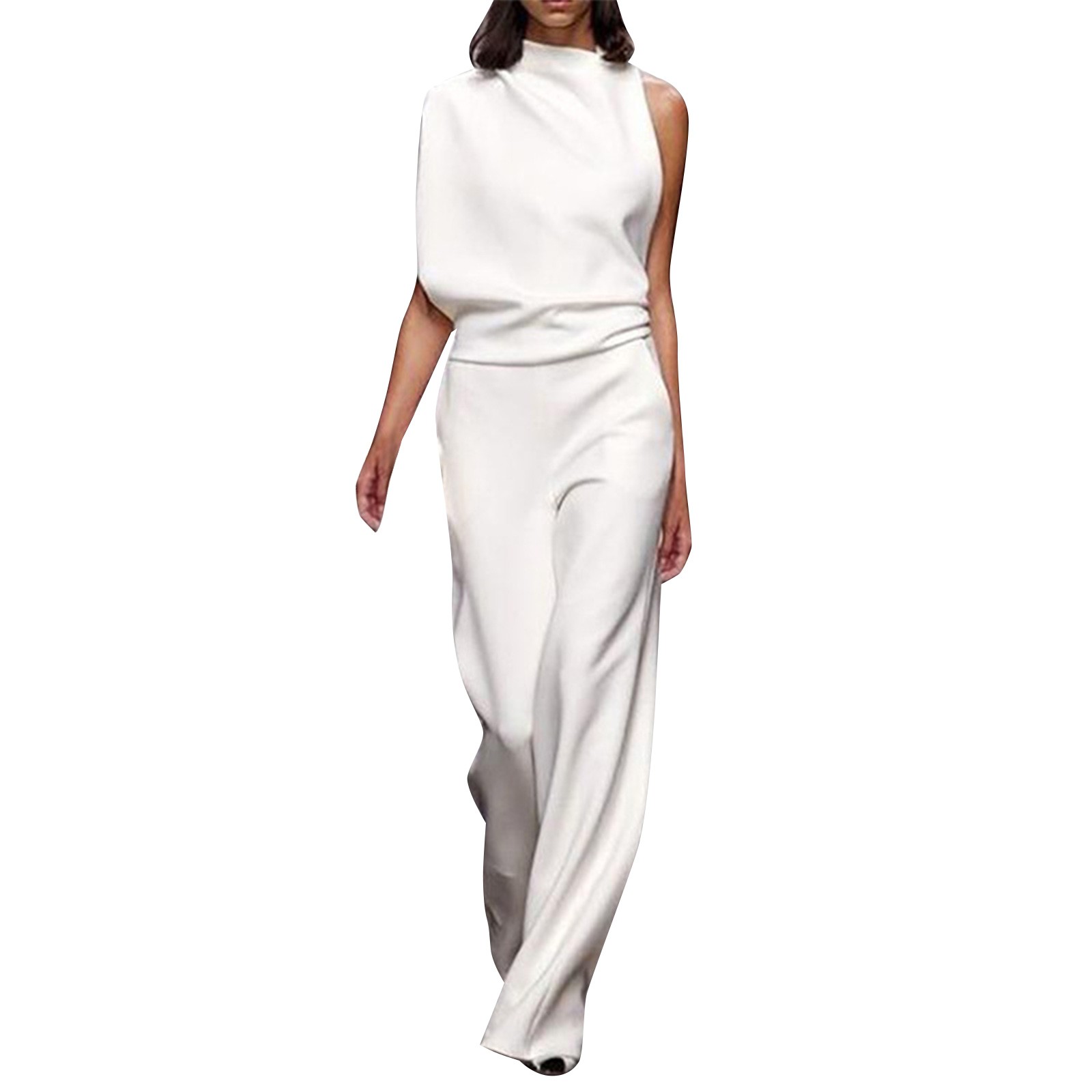 thumbnail image 4 of Mono de mujer de color liso con pantalón recto - Poliéster y spandex, tirantes finos, pierna ancha, diseño holgado informal., 4 of 4